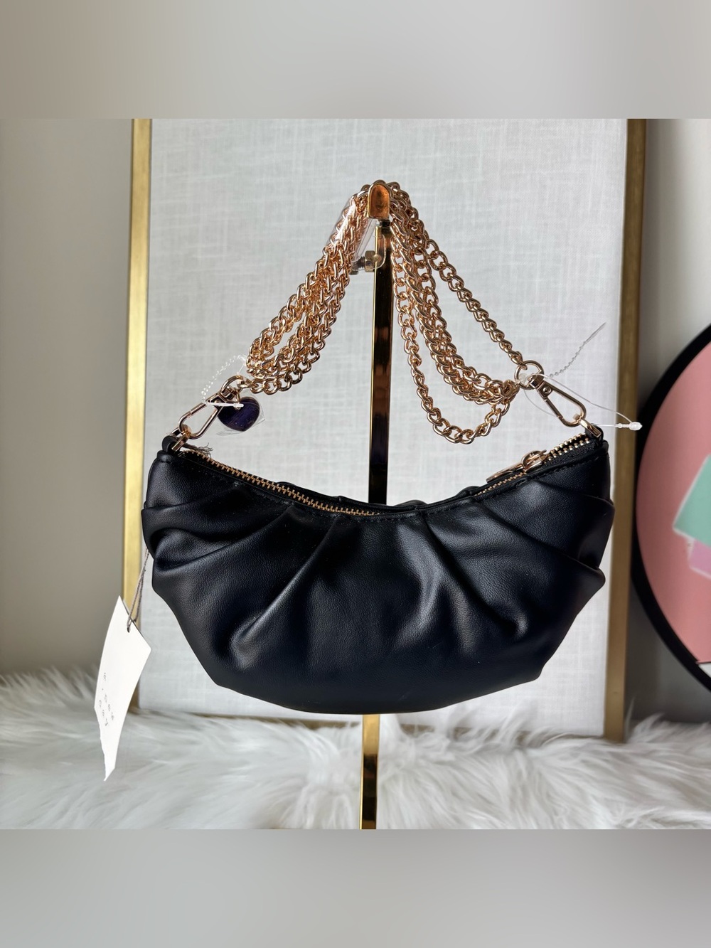 A New Day Women Faux Leather Crossbody bag with detachable gold chain in black